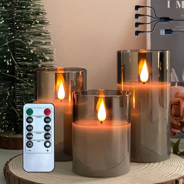 paquet de 3-Bougie sans flamme LED, bougie en cire véritable rechargeable avec télécommande et minuterie, bougies électroniques en verre gris clair
