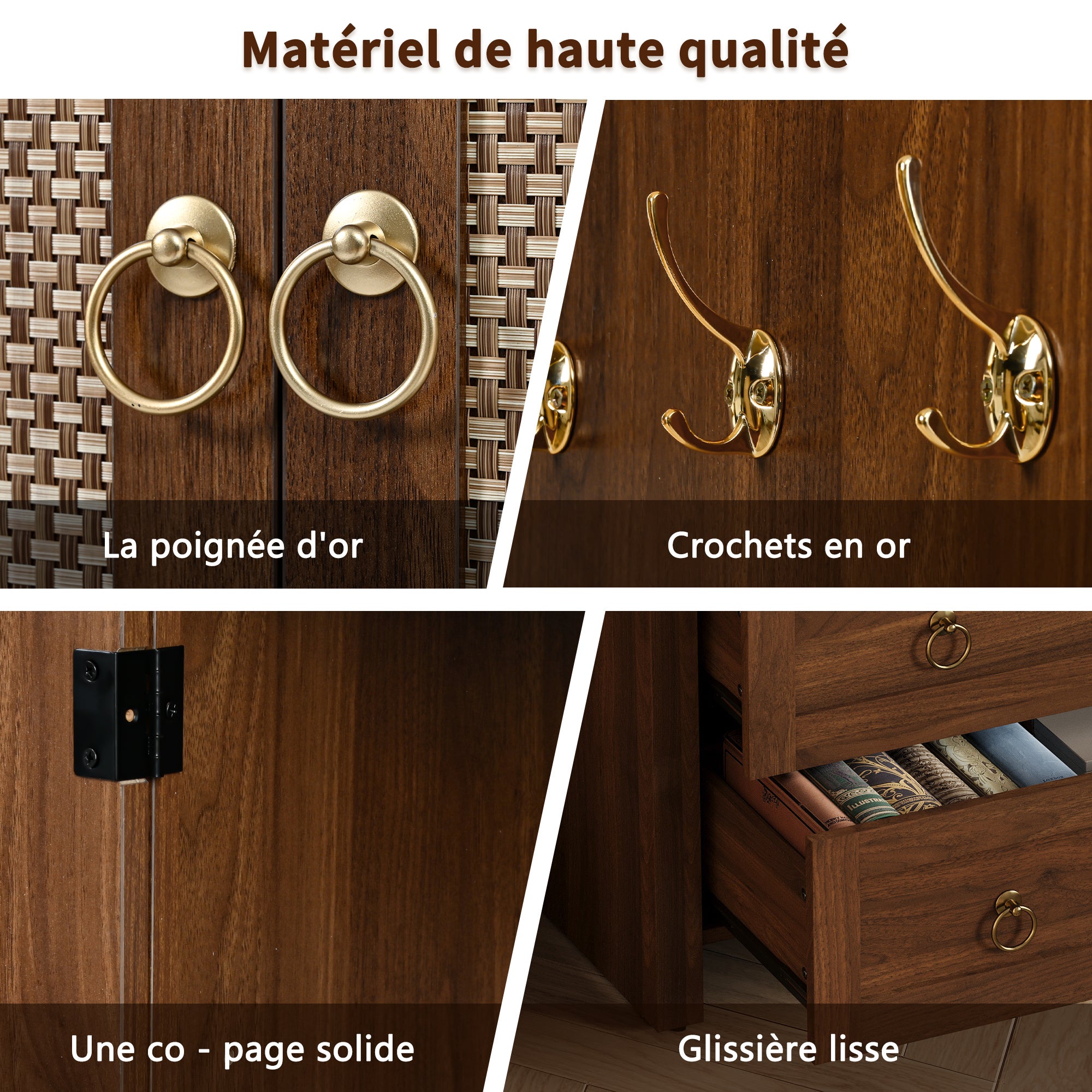 Buffet vintage en osier de style voûté à double tiroir - Meuble de rangement pour salon et chambre - 80x40x180cm - couleur bois naturel - 8