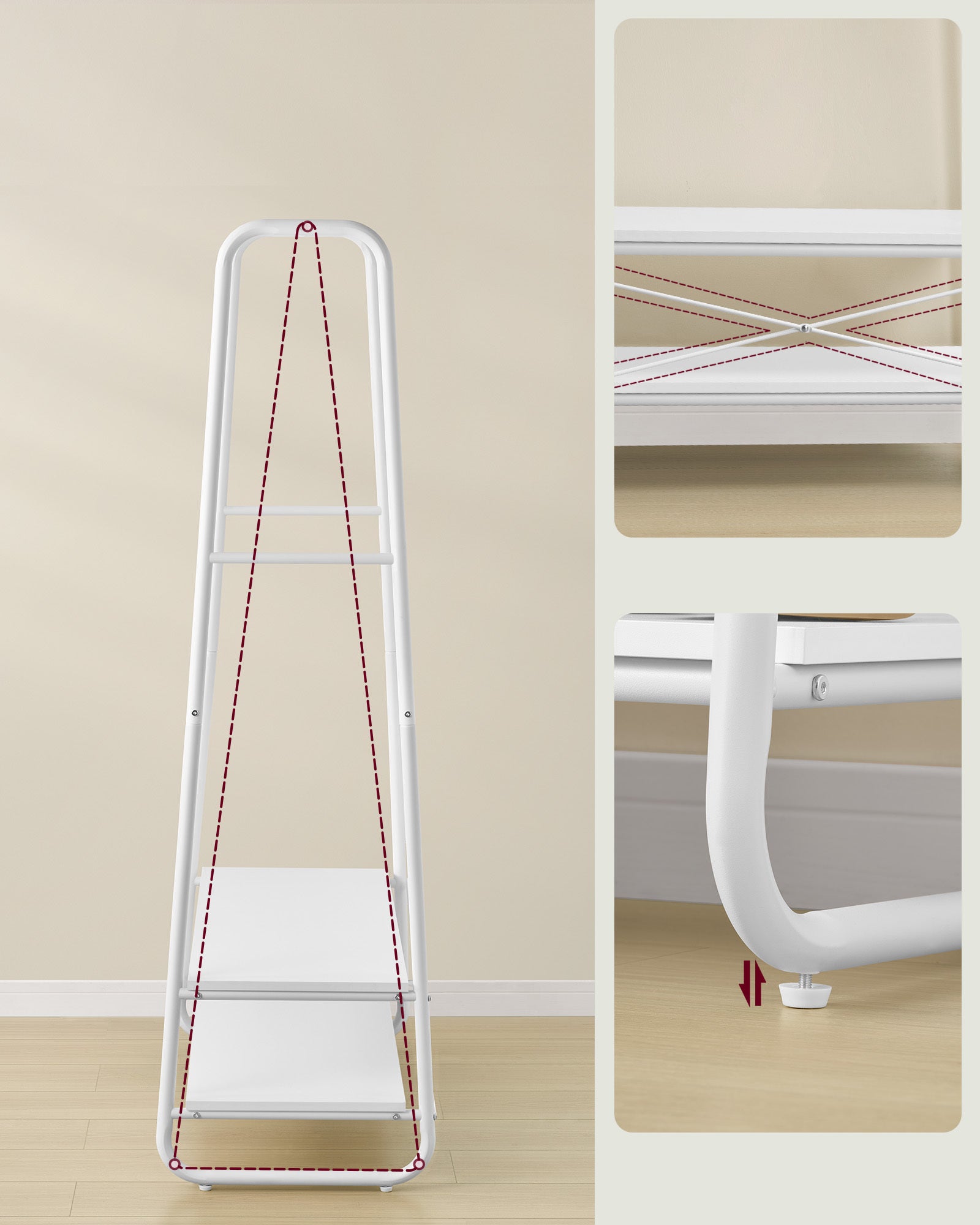 Portant à Vêtement, Porte-manteaux, Armoire, Vestiaire, avec 2 Étagères, 6 Crochets en Forme de S, Cadre en Acier, Blanc Nuage et Blanc Mat - 4