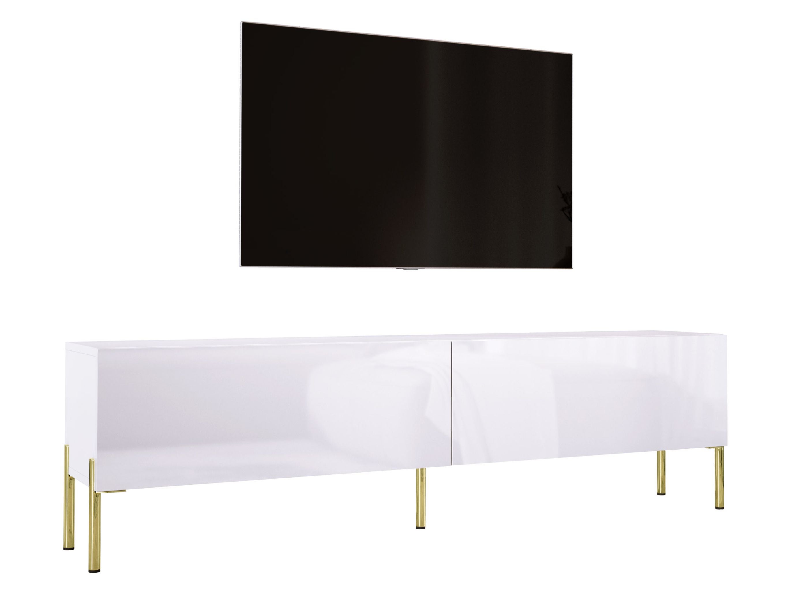 Szafka RTV : Biały Matowy / Biały Połysk, złote nogi, 170 x 32 x 52 cm