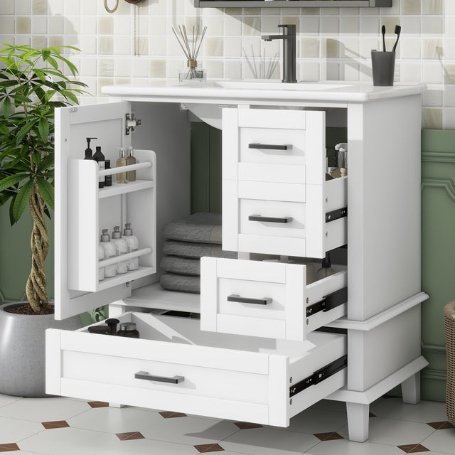 Wolnostojąca szafka łazienkowa z pojedynczą umywalką ceramiczną - MDF - 1 drzwi i 3 szuflady - 76 x 46 x 83,5 cm - lakierowana na biało