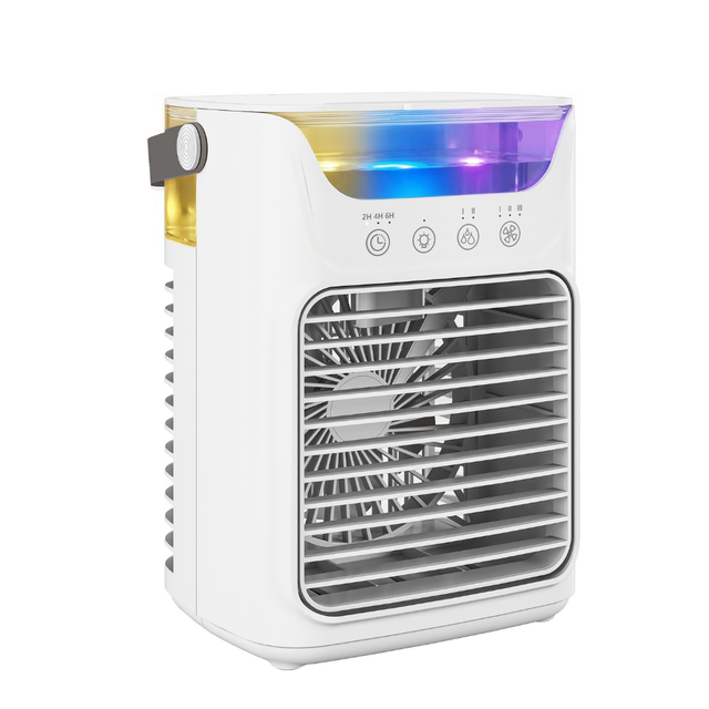 Climatiseur portable mini rafraîchisseur d'air 4 en 1, 3 vitesses, 2 modes brumisation, éclairage LED RGB 7 LED, blanc