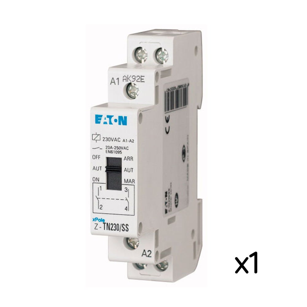 Contacteur jour/nuit Eaton, relais heures creuses 20A, tension 250 VAC, fixation rail DIN, conforme norme IEC/EN 60947 - 4