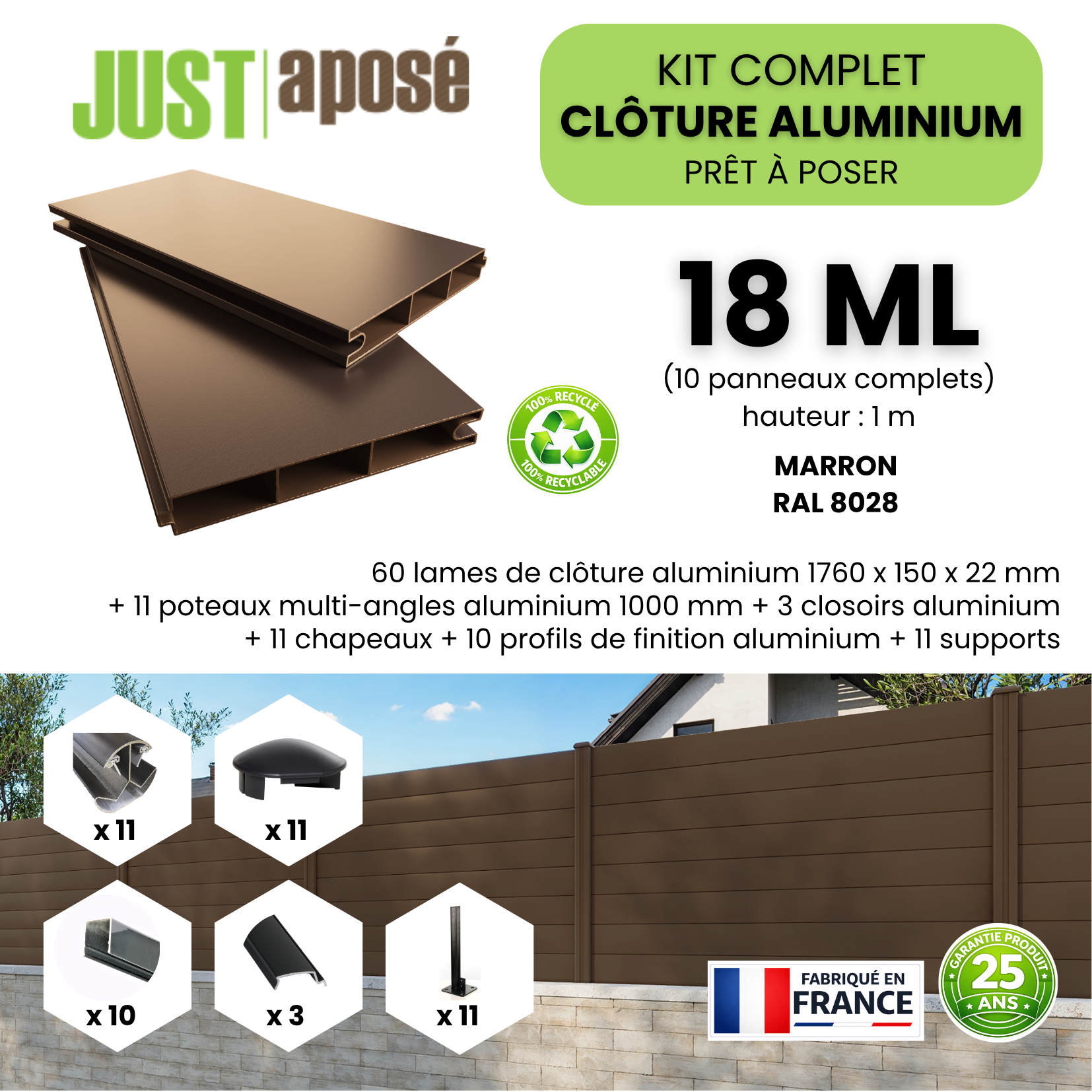 Kit complet clôture aluminium - 10 panneaux complets - 18 x 1 m - Prêt à poser - Marron - 4