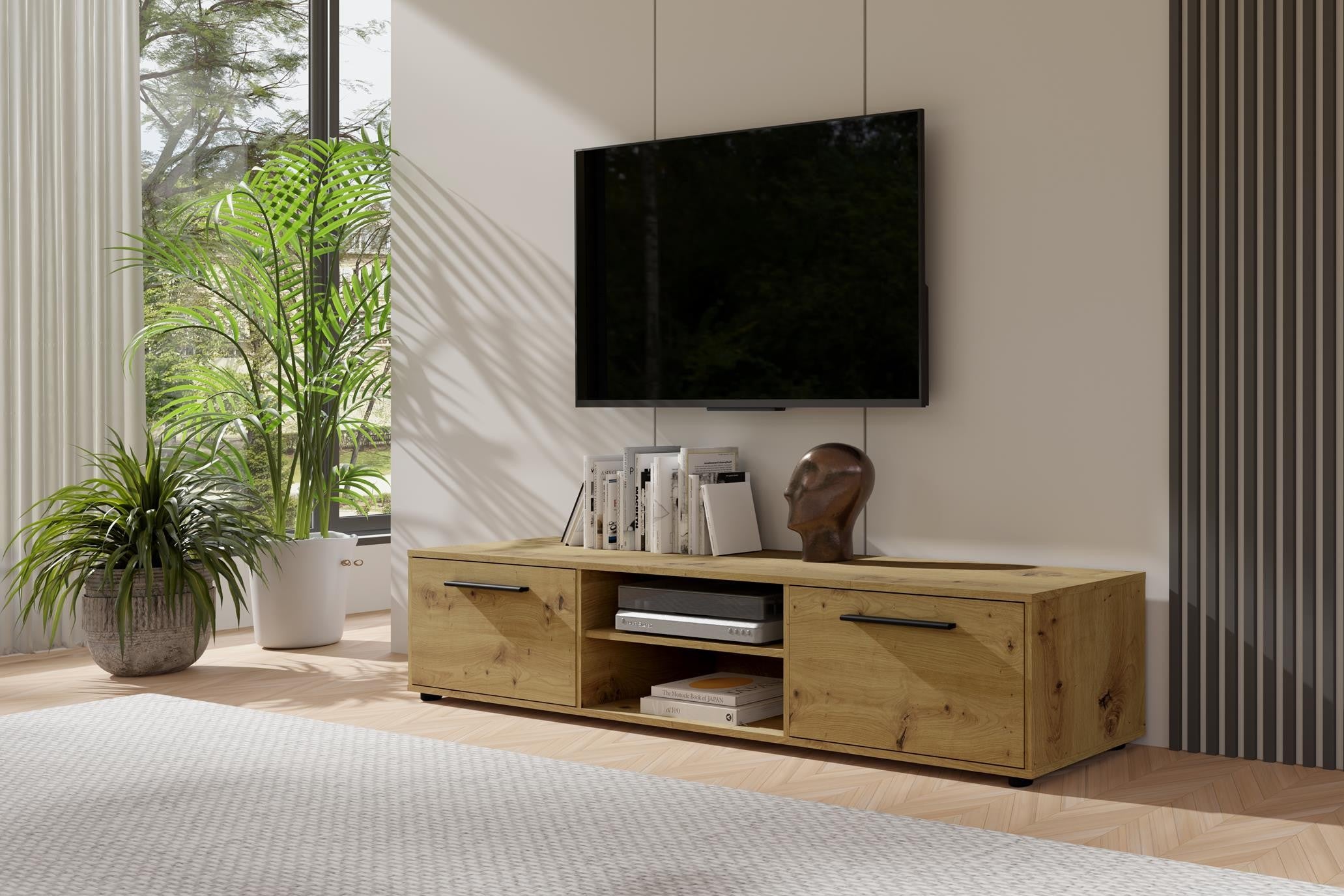 Stylowa Szeroka Dwudrzwiowa Szafka RTV MAXIVO Dąb Artisan do Salonu – 190 cm - 4