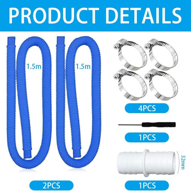 Kit Tuyau Piscine 32 Mm X 2 M - Lot De 2 Tuyaux Avec 8 Clips Et 2 Raccords - Pour Pompe Filtration, Réparation