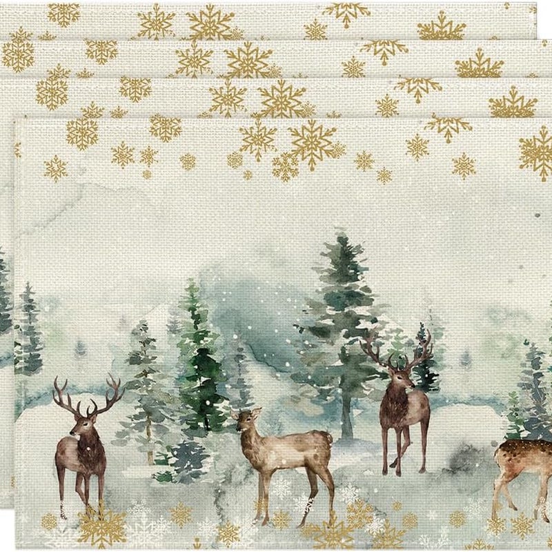 Zestaw 4 podkładek, sosna, renifer, płatki śniegu, dekoracja świąteczna, zmywalne podkładki do kuchni, na stół jadalny, dekoracja na imprezę