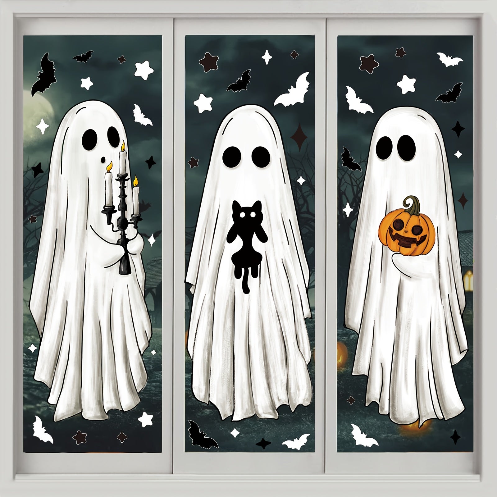 Dekoracje na Halloween na okno, 47 x 18 cm, duże białe sylwetki duchów, naklejki na okno na Halloween, do wnętrz