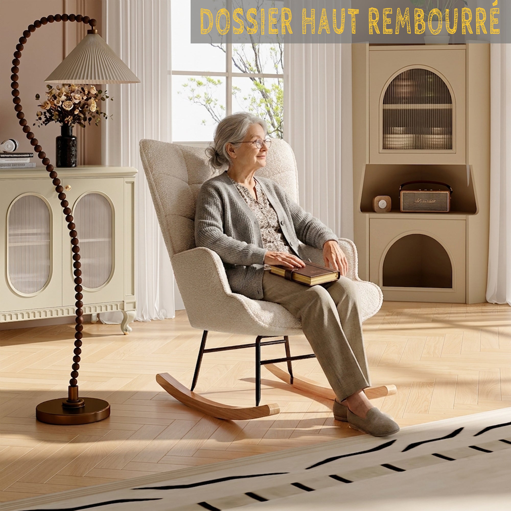 Fauteuil à Bascule, d'allaitement, de Salon, avec Structure en métal et Base en Bois, maximale : 150 kg, Tissu en Peluche, Beige, 75 x 68 x 92 cm - 3