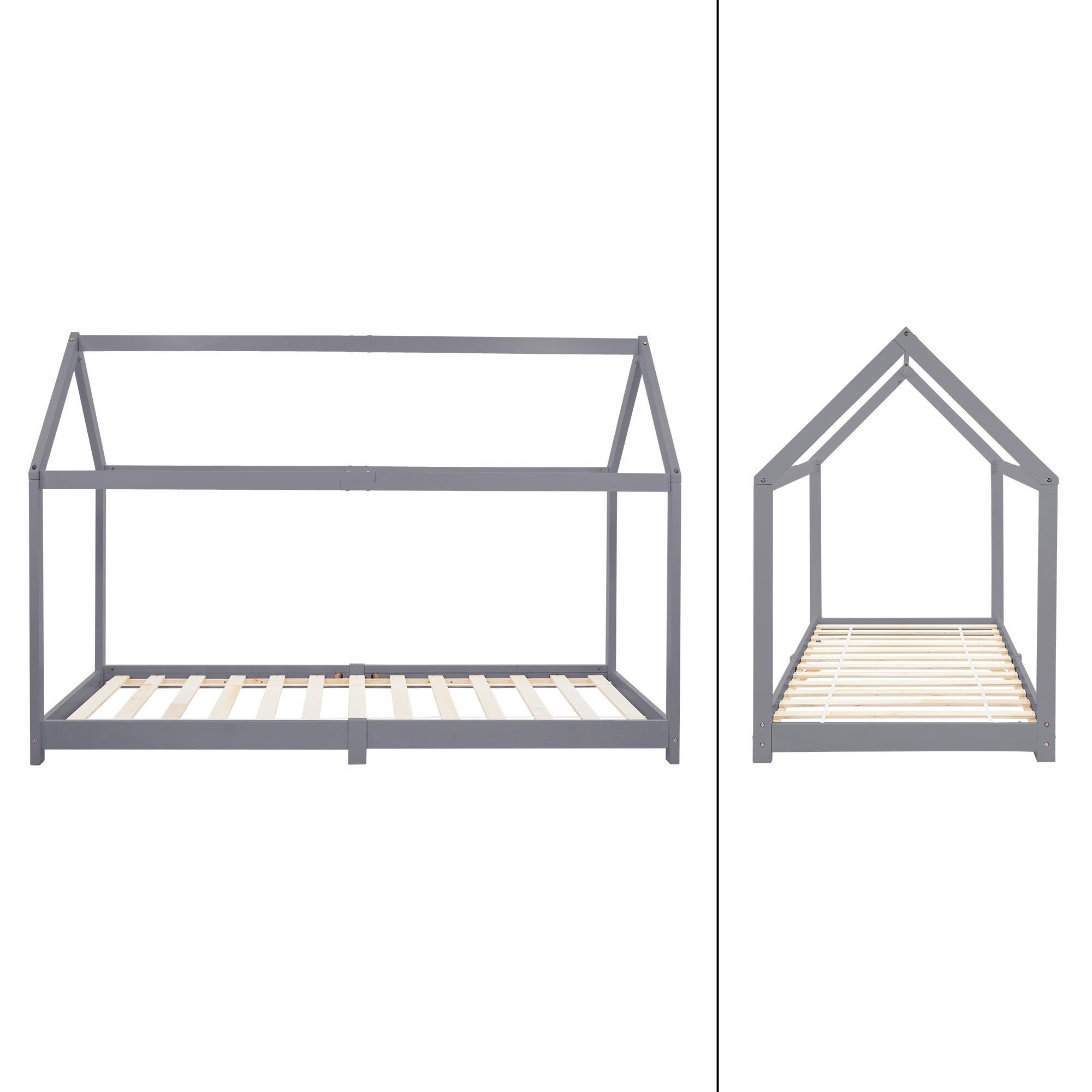 Lit cabane enfant 90x200 cm gris clair bois de pin massif avec matelas H16cm, toit et sommier à lattes, couchage au sol maisonnette - 5