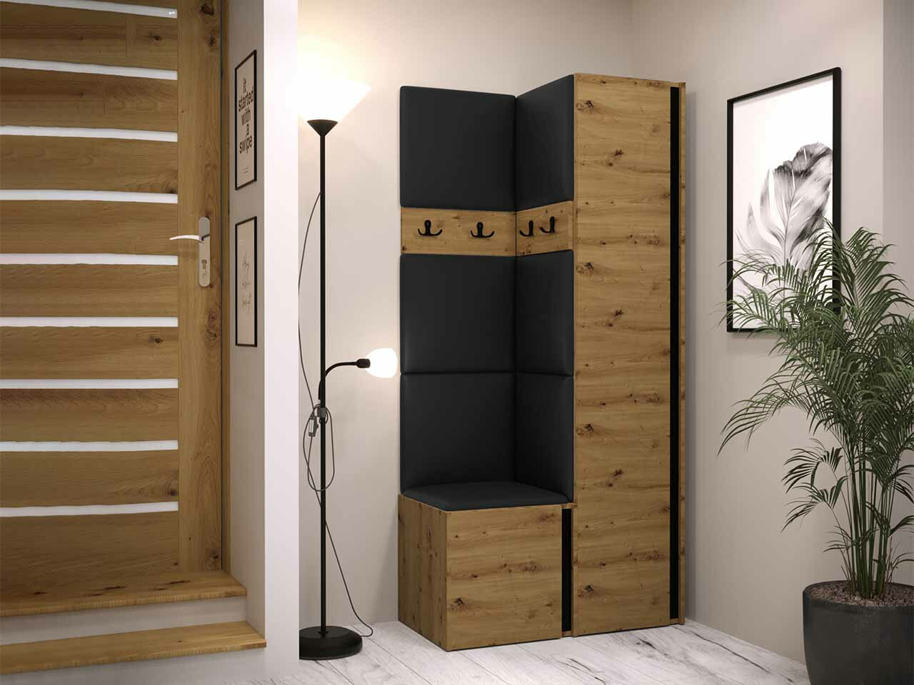 Conjunto para corredor Hartford 348, 186x82x44cm, Carvalho Artisan, Preto, Couro Ecológico, Placa de aglomerado laminado - 2