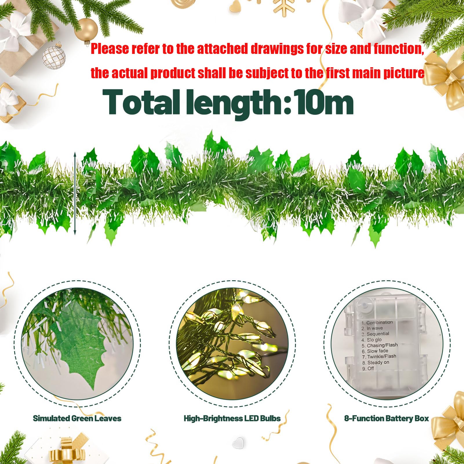 Guirlanda de Natal Artificial de 10 m com Luzes de LED, Cordão de Luzes de Natal de 10 m com 100 LEDs, 8 Modos, Luz Quente (C) - 3