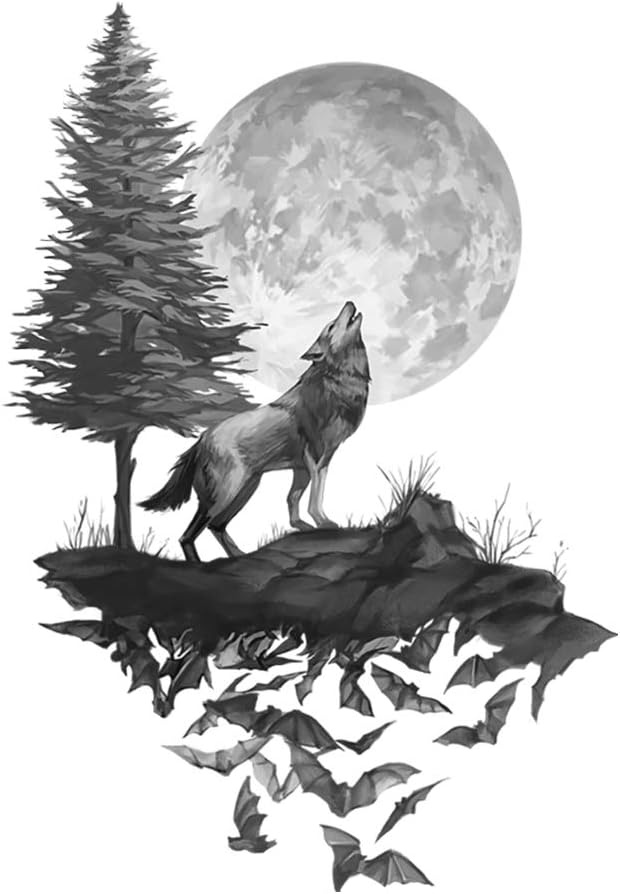 Sticker mural motif loup, sticker mural motif lune, sticker mural noir ...