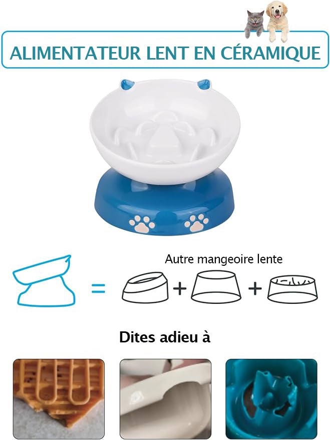 Y YHY Ciotola per cani e gatti per alimentazione lenta, ciotola inclinata rialzata, blu e bianca - 2