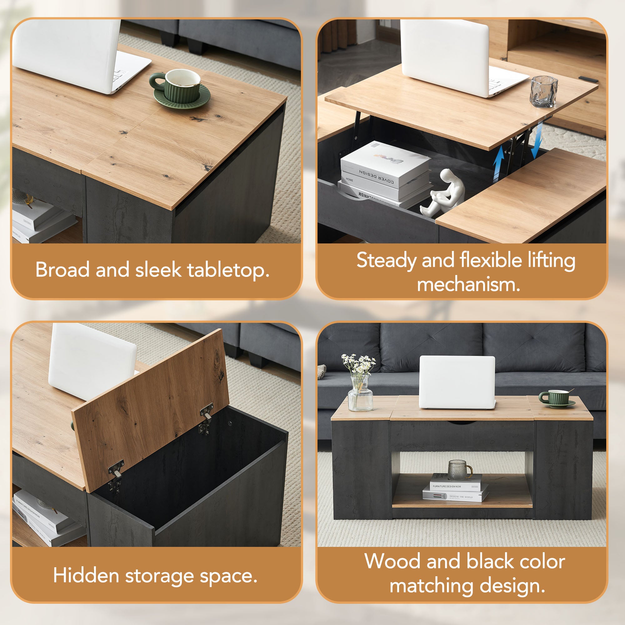 Table basse relevable en MDF - avec espace de rangement sous la table - gris - 7