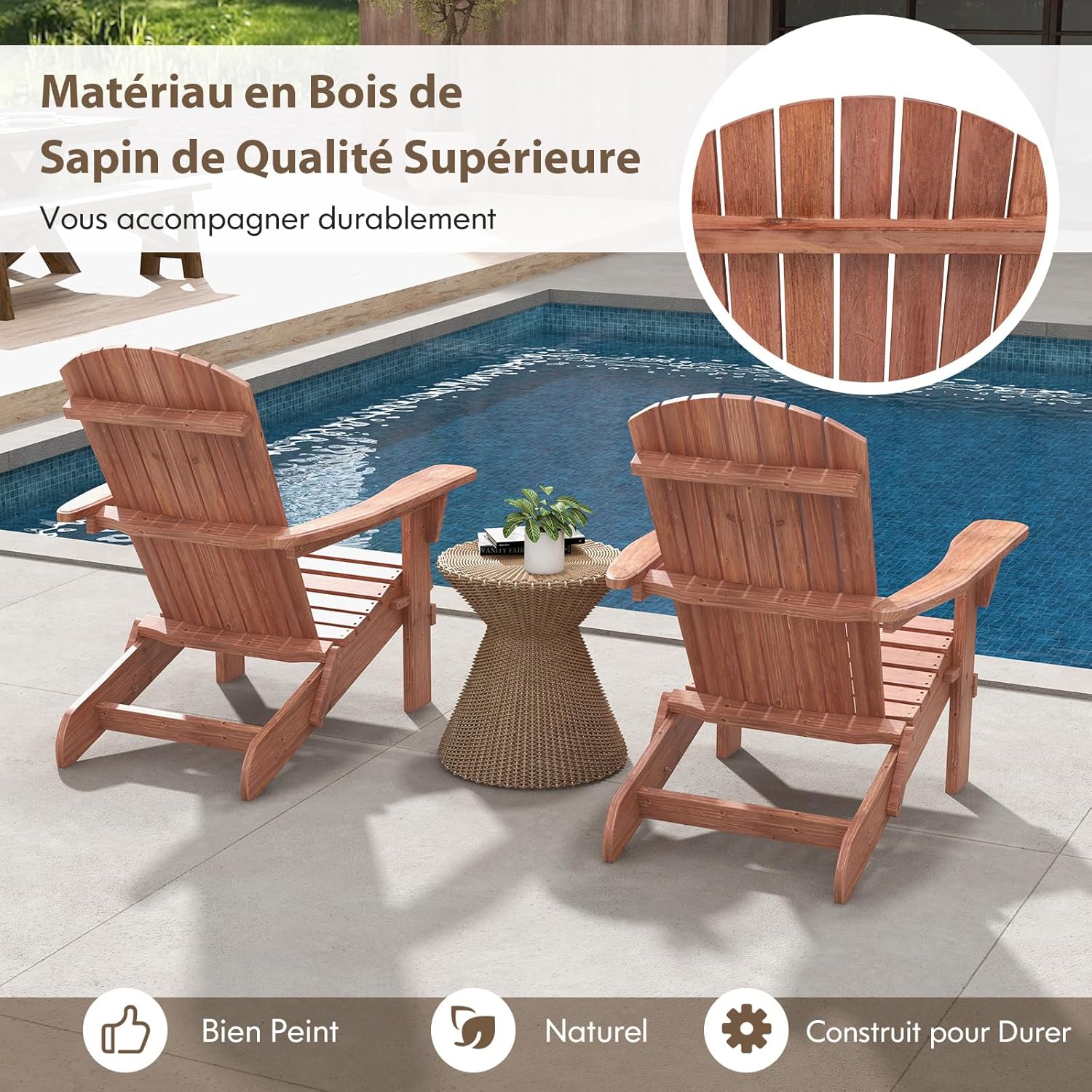 Lot de 2 Chaise de Jardin Adirondack en Bois, Fuateuil de Jardin à Lattes Pliable avec Accoudoirs, Dossier Haut, Charge 160 KG - 6