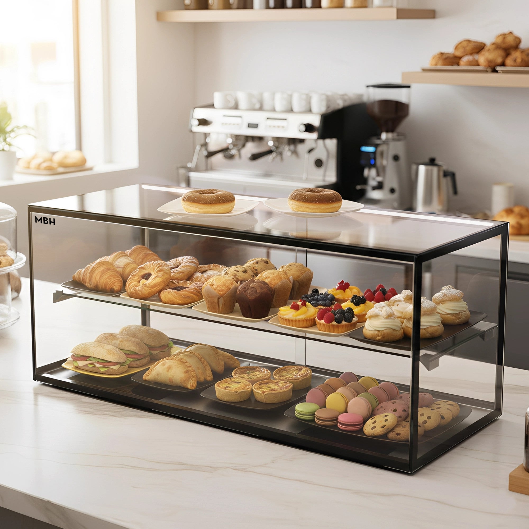MBH - Vitrine d’exposition neutre avec éclairage LED 92 cm 2 niveaux pour CHR. Présentoir neutre en verre pour viennoiseries et pâtisserie. - 5