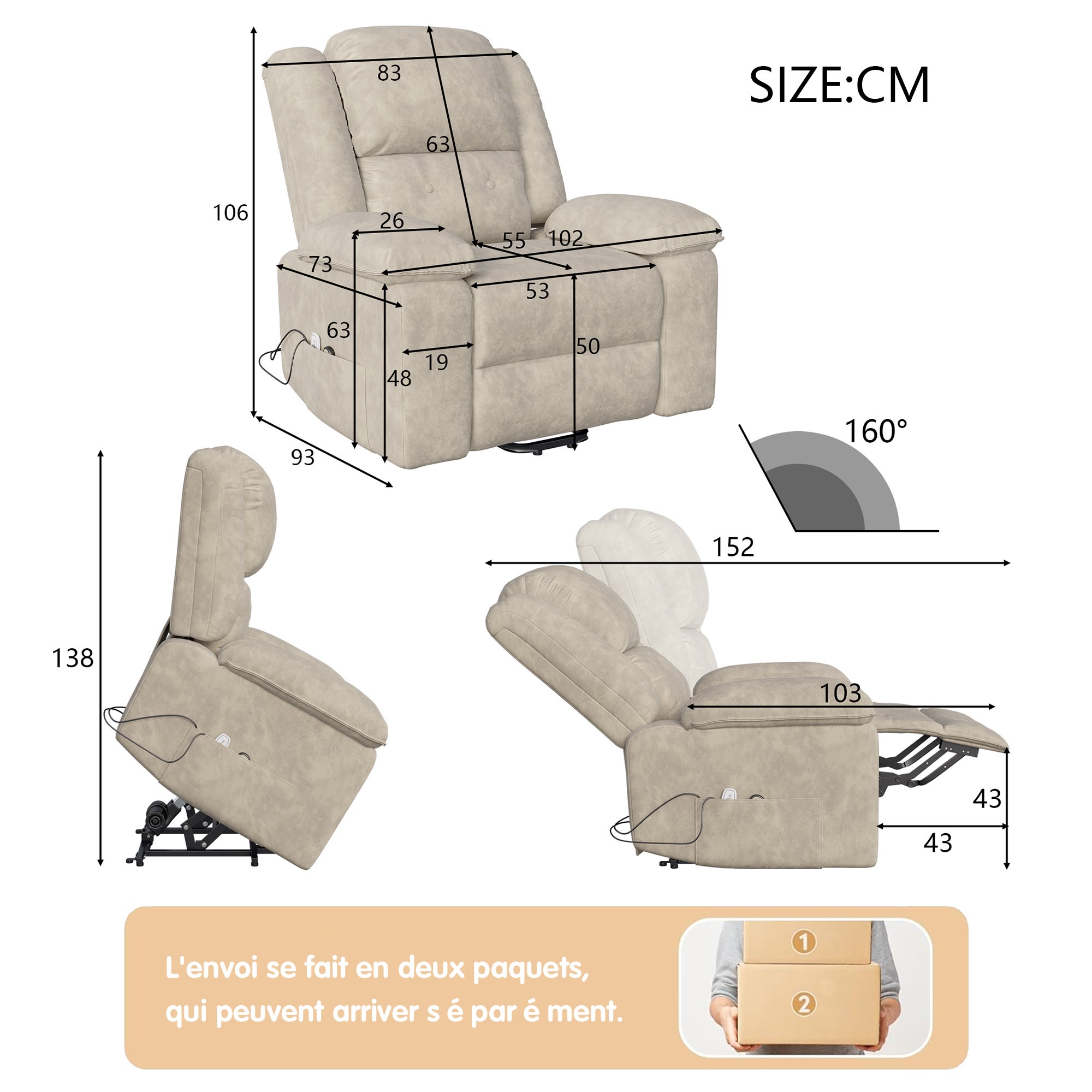 Fauteuil de Massage Électrique Releveur Chauffant avec 8 Points de Vibration - 83x53x106cm - Tissu Velours Marron - 5
