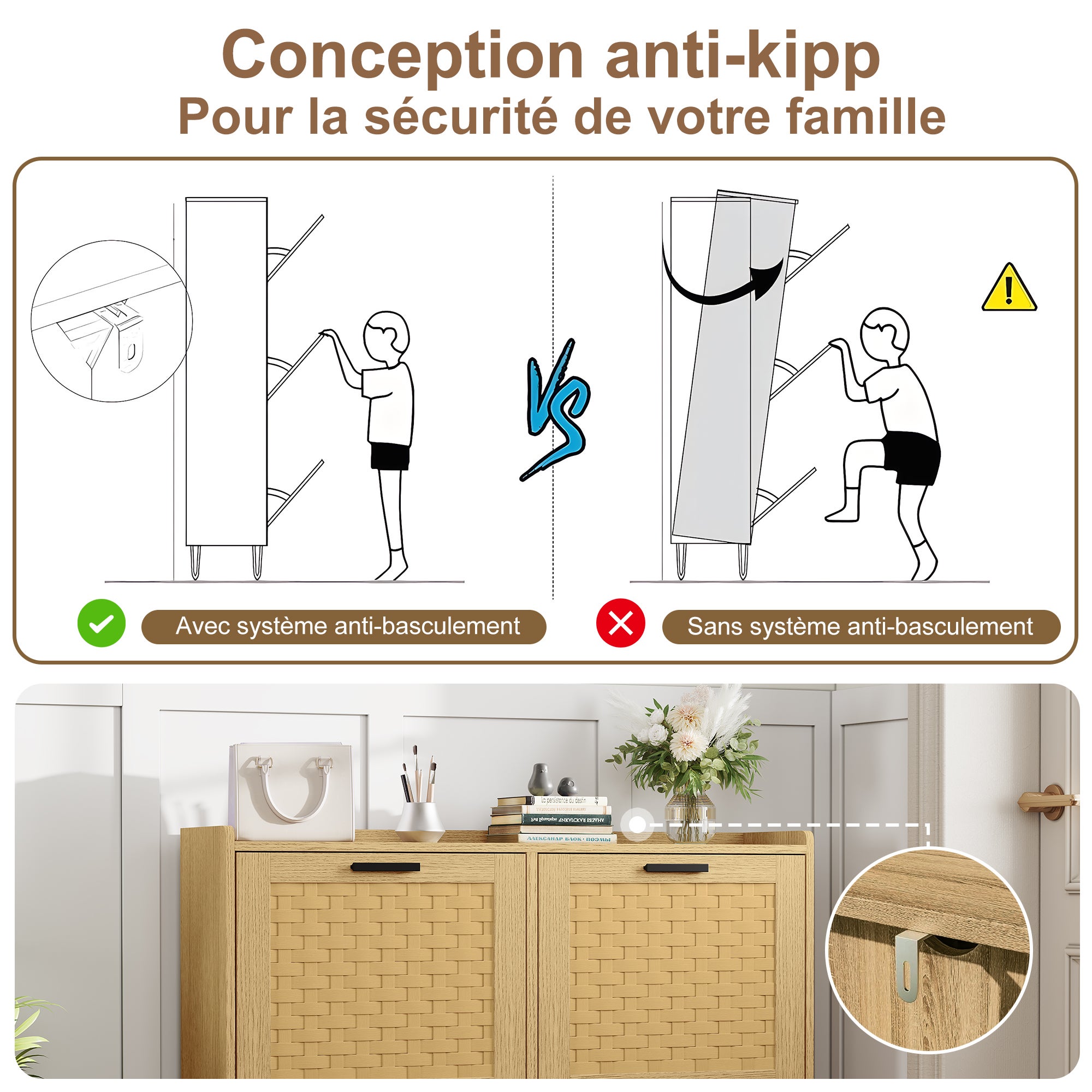 Meuble à Chaussures, Armoire à Chaussures Entree avec 4 Porte en Rotin, Meuble de Rangement à Chaussures Armoire pour Entrée, Couloir et Chambre, Bois - 8