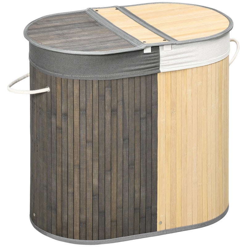 EUGAD Panier à Linge à 3 Compartiment, Meuble Panier à Linge sur Roulettes, 40L/Panier, Sac Amovible et Extensible, en Oxford, 97x30x71cm, Chêne Clair+ Noir