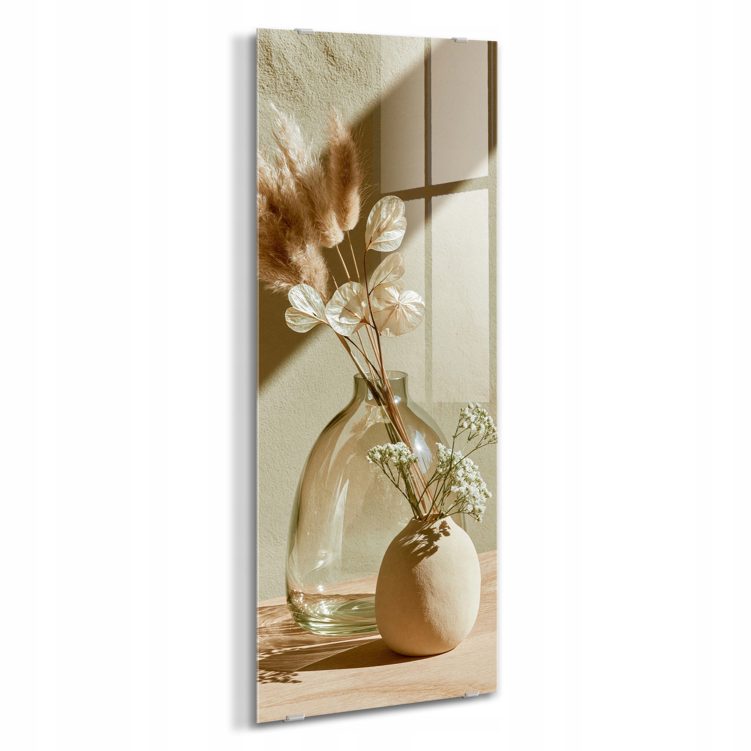 STYLER Tablou pe sticlă Glasspik vaze cu flori uscate, boho bej 30 x 80 cm, pentru living, dormitor, hol și birou