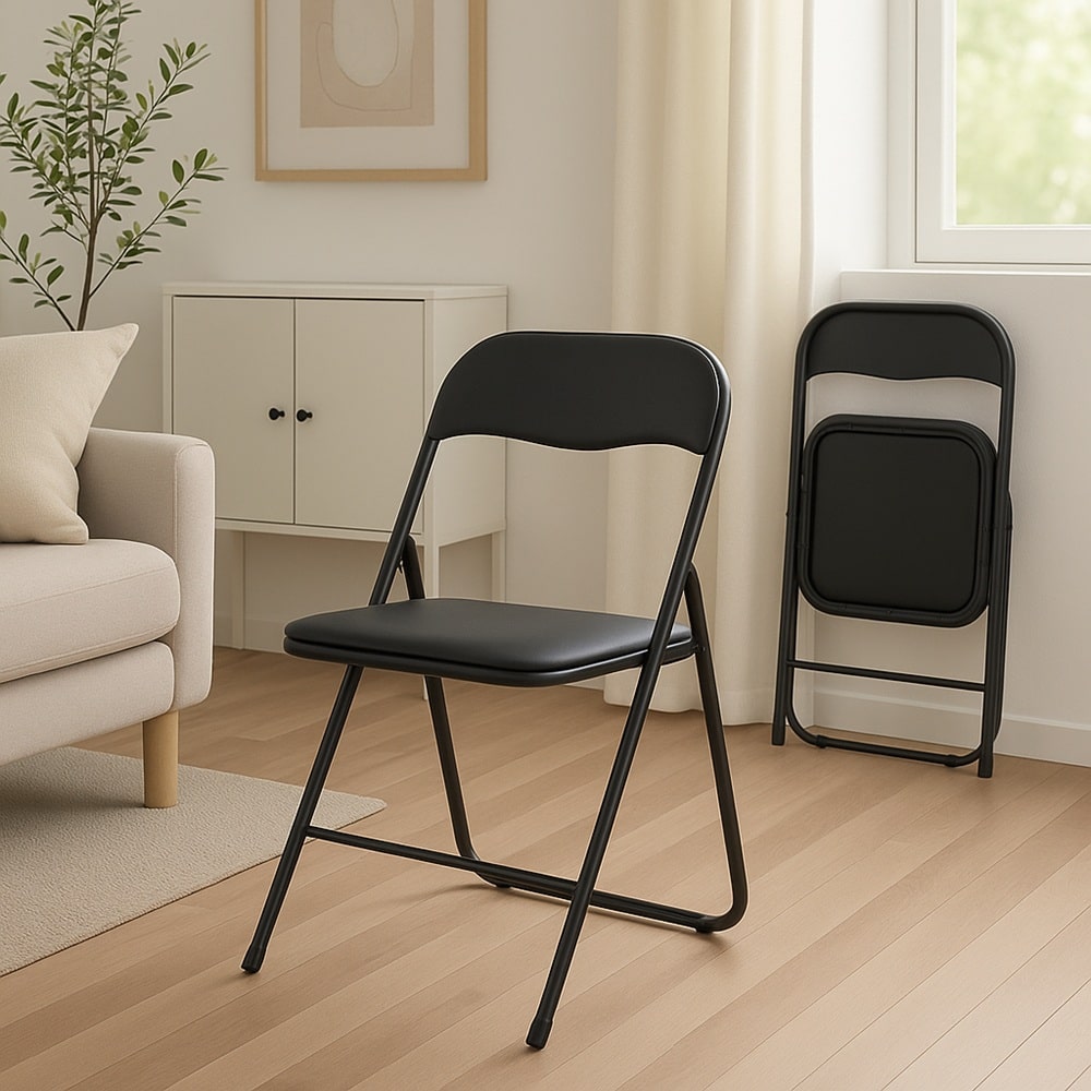 Silla plegable negra, piel sintética (pu) y metal (acero), respaldo y asiento acolchados – bari