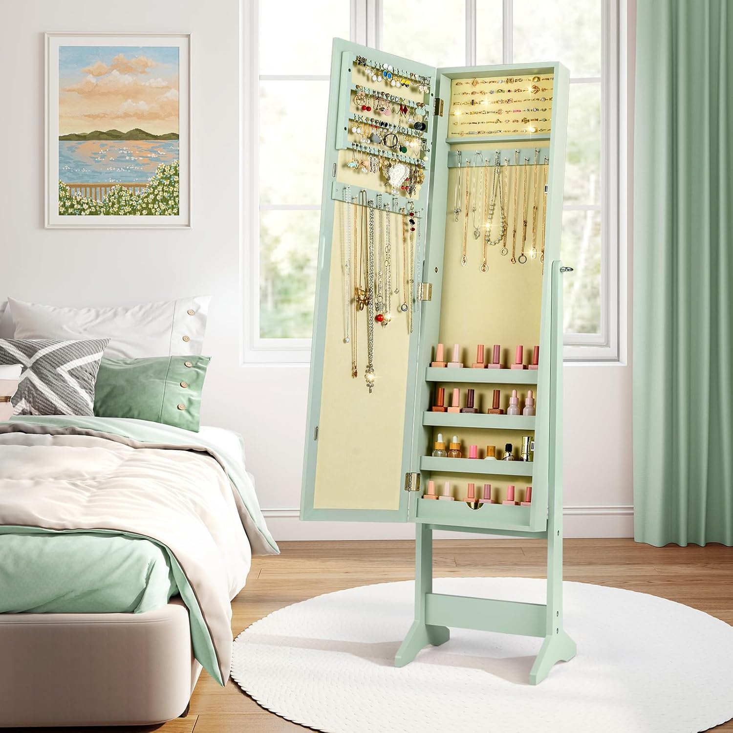 Armoire à Bijoux sur Pied avec Miroir Inclinable en 3 Positions, Armoire de Rangement Cosmétiques de Grande Capacité avec 4 Étagères(Vert) - 4
