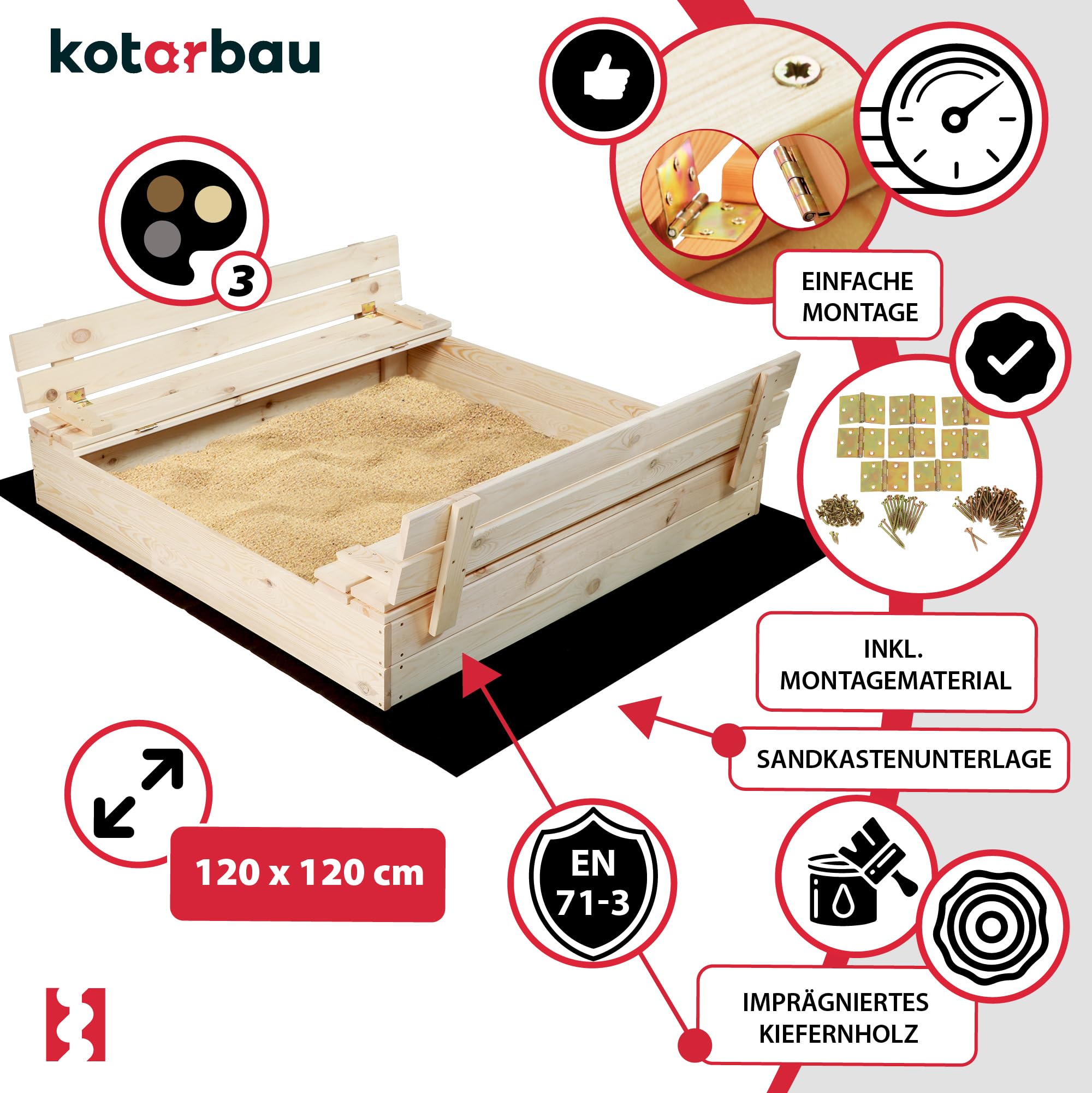 Bac à Sable Enfant Extérieur - Bois - 120 x 120 cm - Naturel - avec Couvercle et Bancs - Avec Tissu Anti-Mauvaises Herbes - KOTARBAU - 4