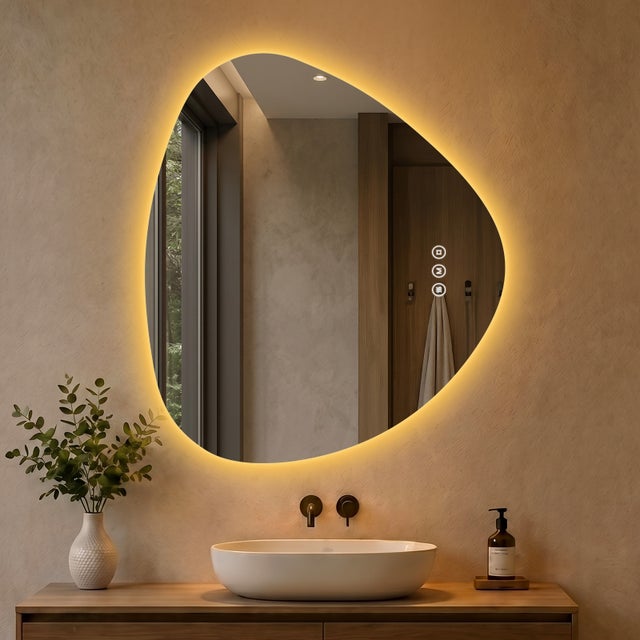 Miroir lumineux antibué asymétrique 70 × 60 cm, miroir de salle de bain rétroéclairé sans cadre, 3 couleurs d’éclairage, mémoire