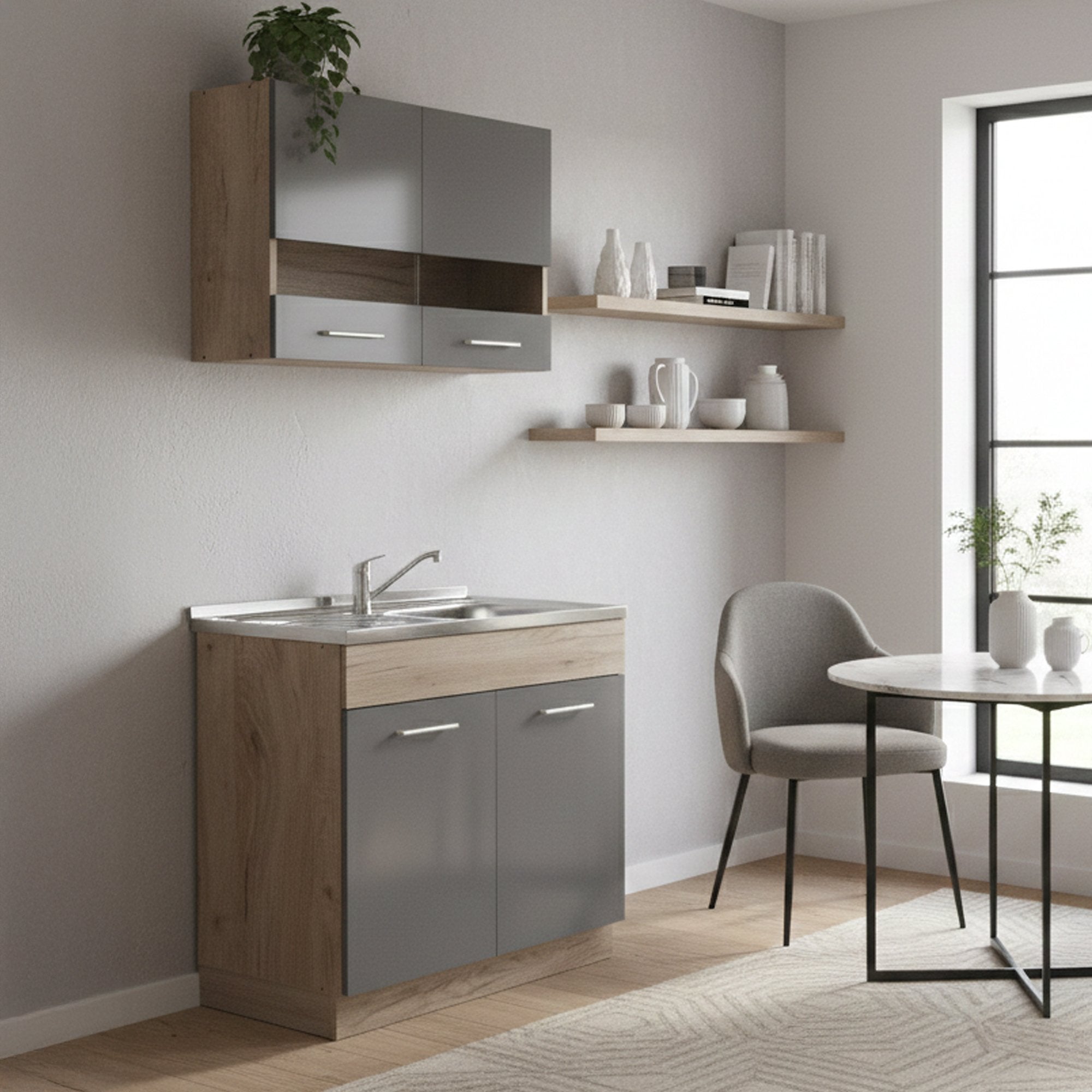 Cocina, 2 estantes, agujeros para estufa y fregadero a cargo del cliente, 3 compartimentos, negro antracita - taurano
