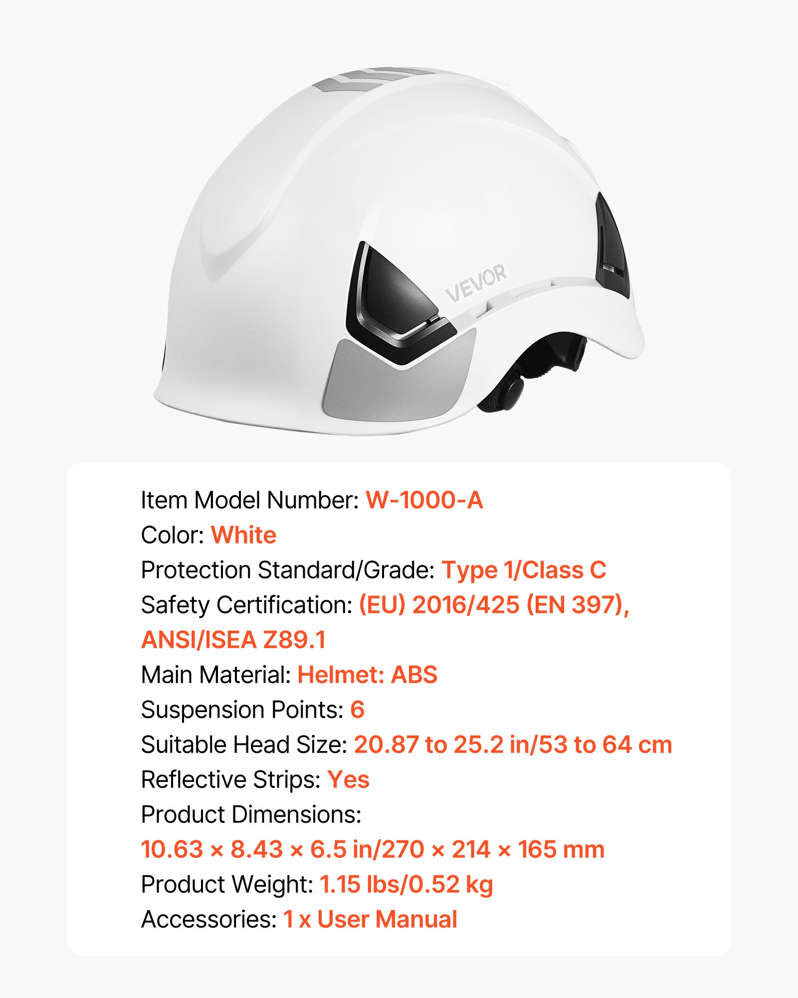 Casque de sécurité certifié ANSI/ISEA Z89.1,VEVOR ABS,suspension à cliquet 6 points,réglable et ventilé,pour hommes,femmes et adultes,constructi - 7