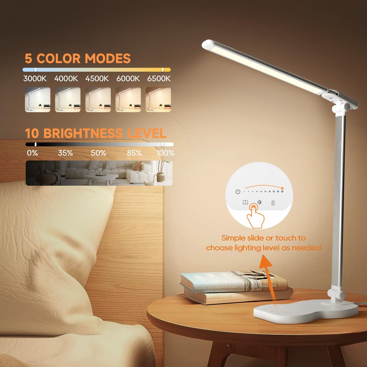 Lámpara de escritorio LED con 5 colores y 10 niveles de brillo, lámpara de lectura con temporizador de 45 minutos, lámpara de mesa LED táctil - 3