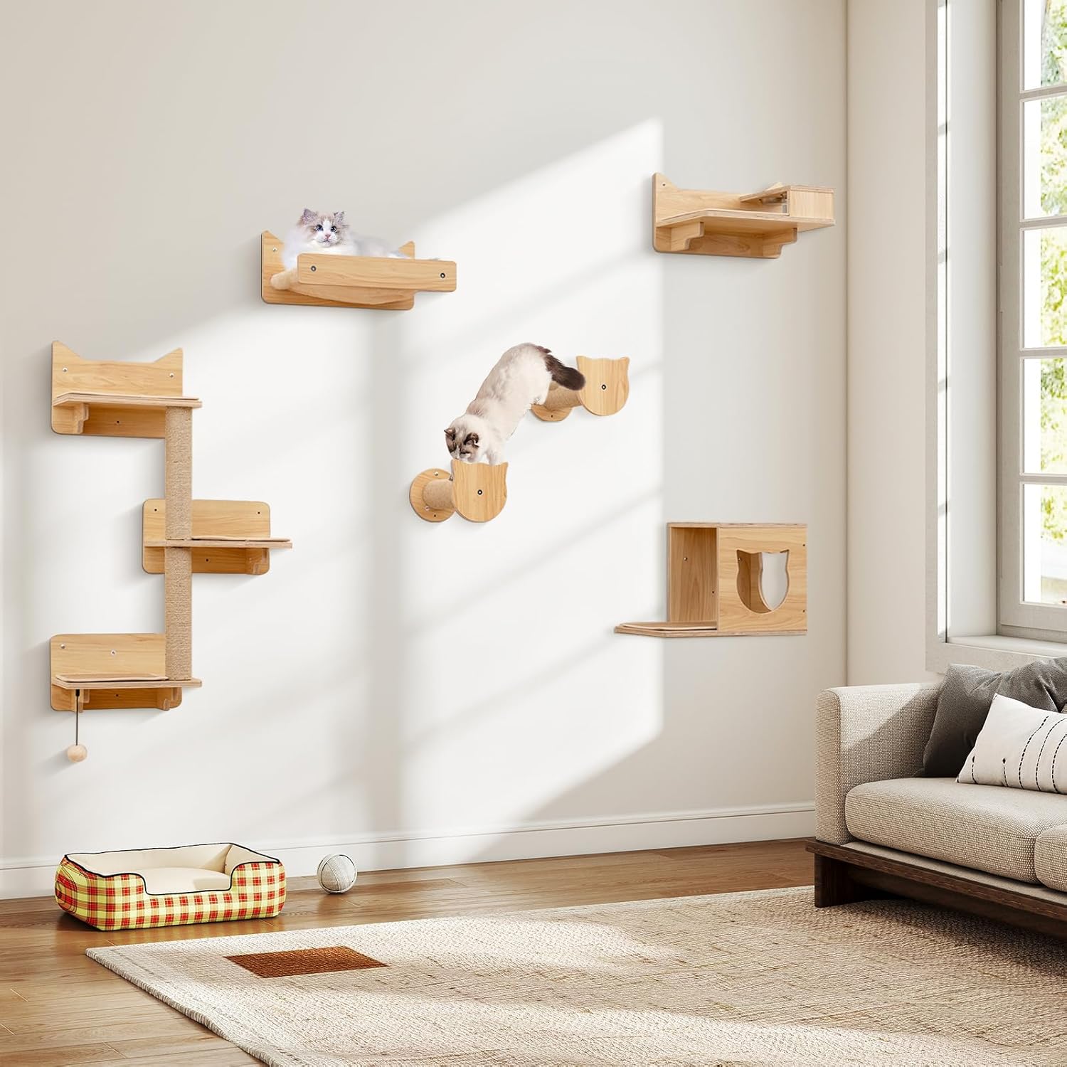 Arbre a Chat Mural en Bois, 6 Pcs Parcours Chat, Hamac, Condo, Plateforme avec 2 Gamelles, Tour pour Chaton à 3 Niveaux, 3 Marches - 3