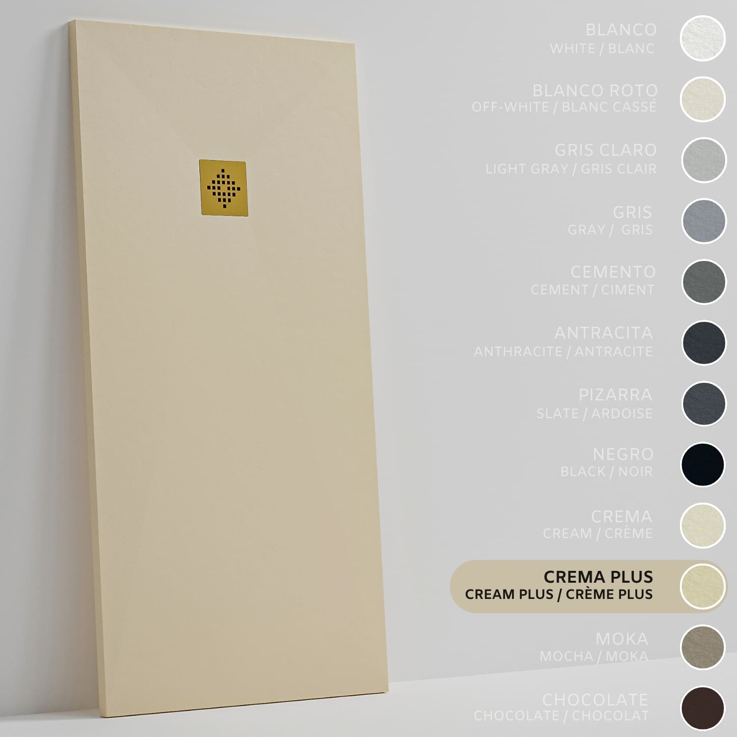 SOULHOME Brodzik prysznicowy– Żywica– Gel Coat– Gładka/Kamienna tekstura – Antypoślizgowy – intensywnie kremowy – 180x80- Niski 3 cm– Ruszt Złoty