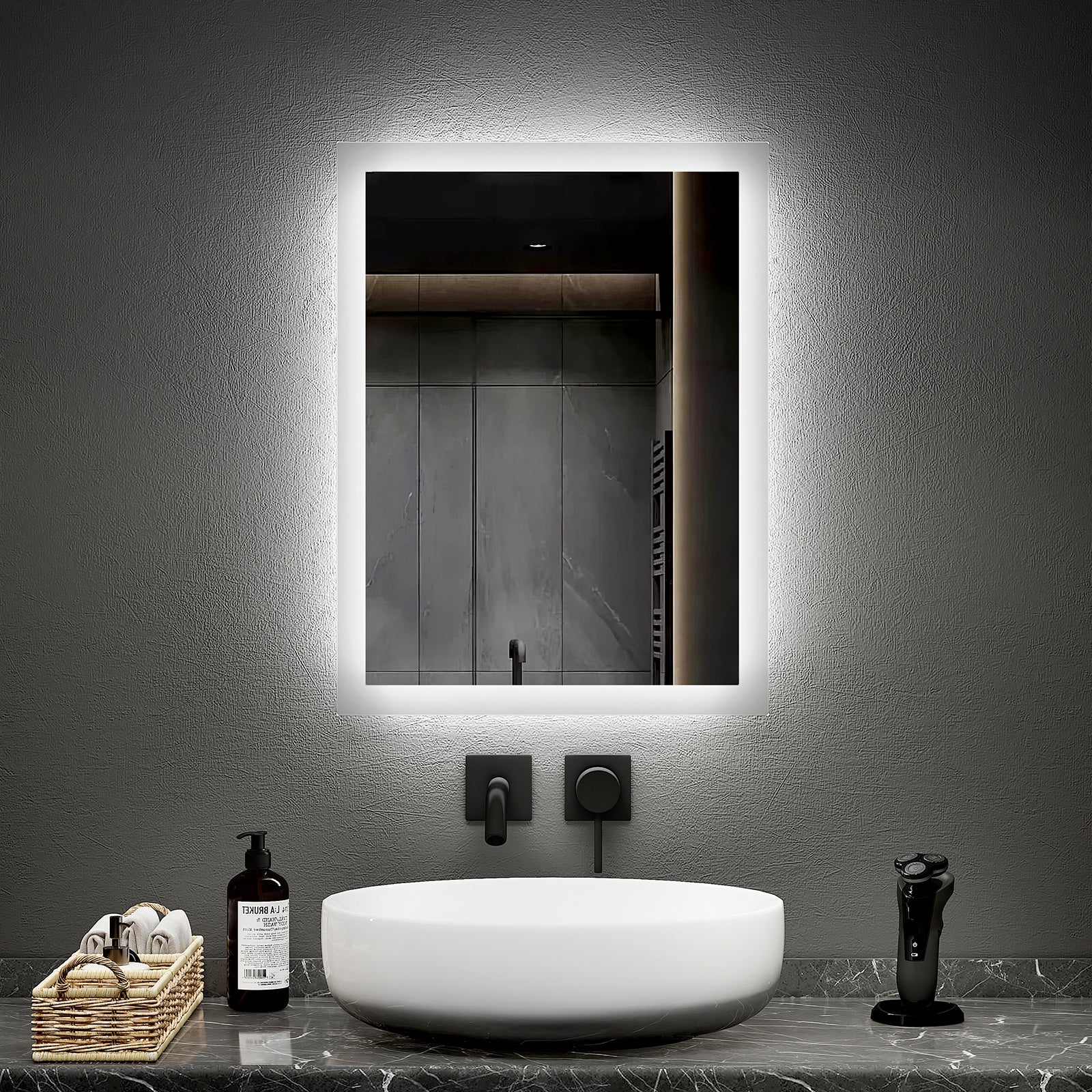 Miroir Salle De Bain LED 100x70 Cm - Cadre Noir, Lumière 4300K, Anti-buée, Horloge, Luminosité Réglable + Mémoire