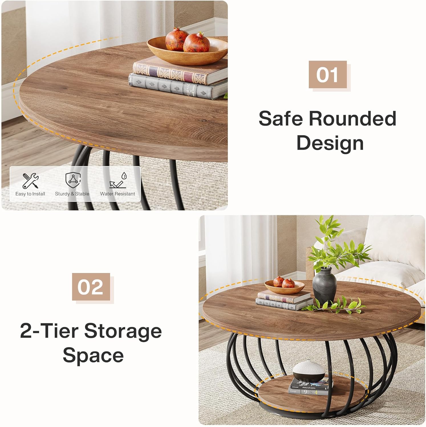 Tribesigns Okrągły stolik kawowy ze schowkiem, dwupoziomowa metalowa rama, 100 x 100 x 46 cm, słoje drewna, nowoczesny stolik kawowy do salonu - 7