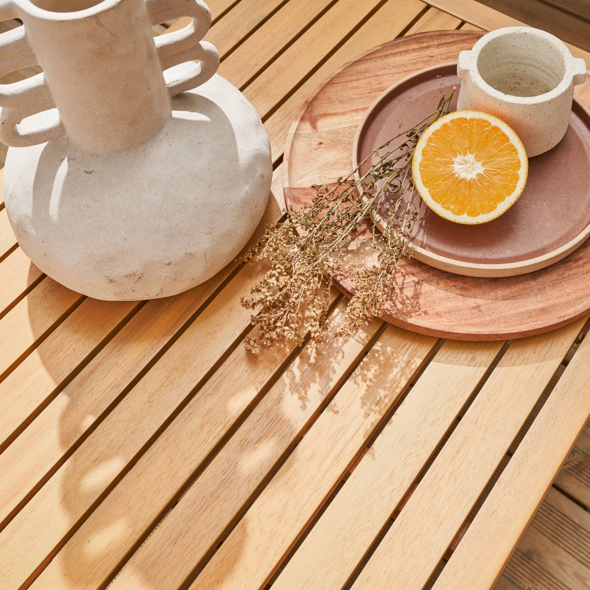 Salon de jardin ALCIRA 4 places en bois d'acacia et cordes beiges et coussins beiges. 1 canapé 2 pl + 2 fauteuils + 1 - 3