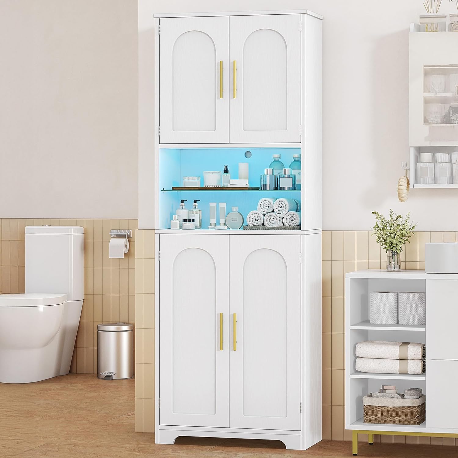 Tall bathroom cabinet with dimmable led lighting and 4 doors, 30 x 60 x 170 cm, blanco