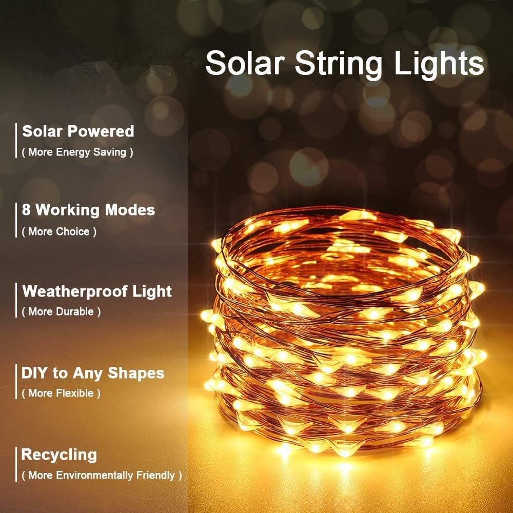 [2 pièces] Chaîne lumineuse solaire à l'extérieur, 12M 100 LED chaîne lumineuse extérieure en fil solaire blanc chaud étanche 8 modes - 3