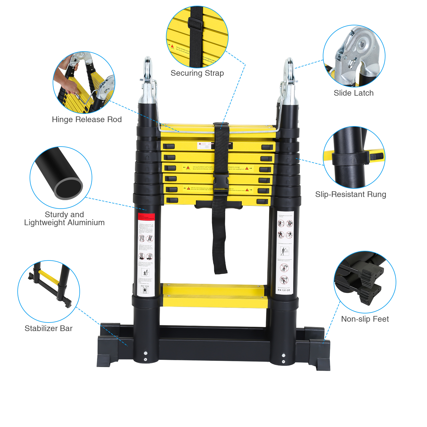 Échelle télescopique avec crochet escabeau noir+jaune Portable Pliante 3,2m - 2