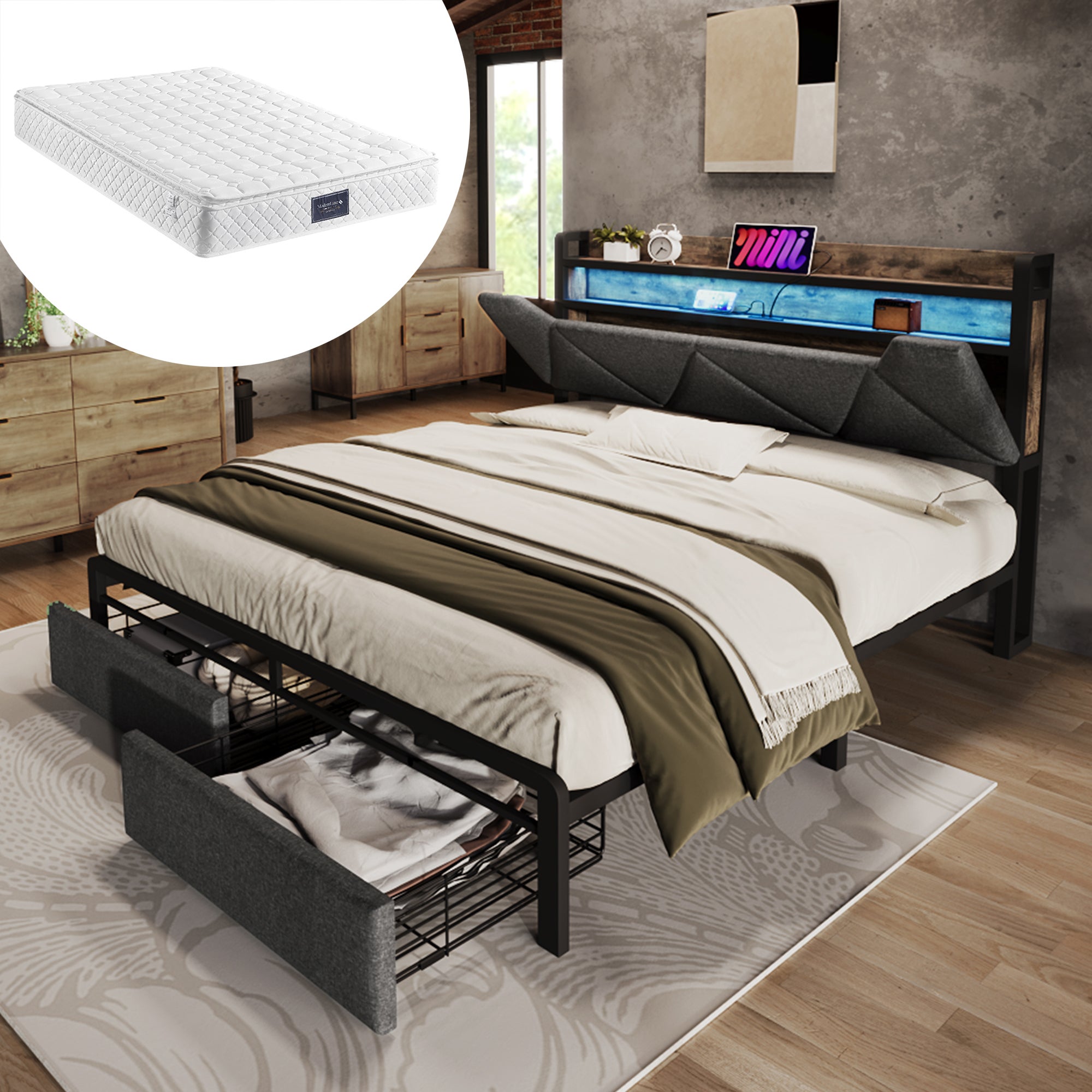 Łóżko podwójne 140x200 z materacem i metalową podstawą – zagłówek ze schowkiem – USB-C i LED – 2 szuflady – lniany szary