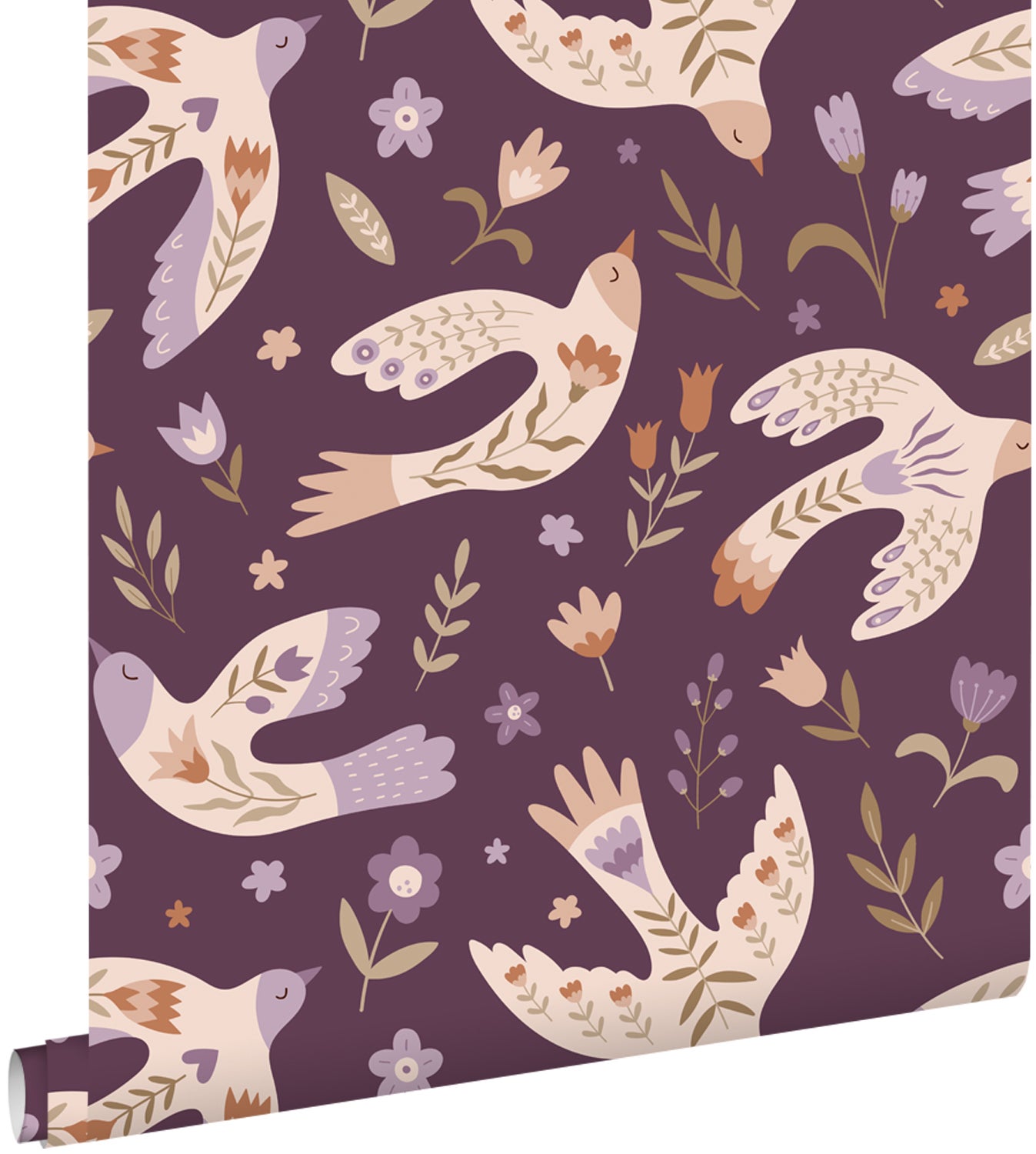Tapeta kwiaty i ptaki fioletowym - 50 x 900 cm - ESTAHOME