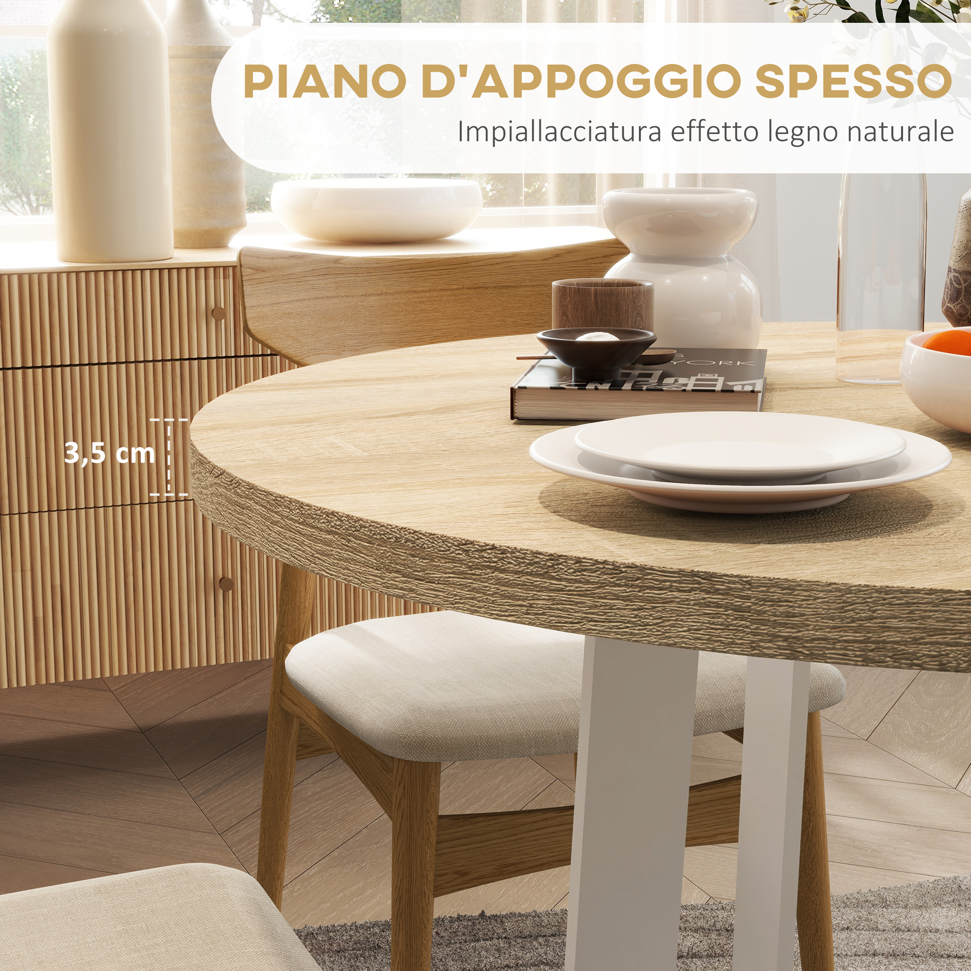 HOMCOM Tavolo da Pranzo Rotondo Moderno per 4 Persone, Ø100x75cm, Legno Naturale e Bianco - 5