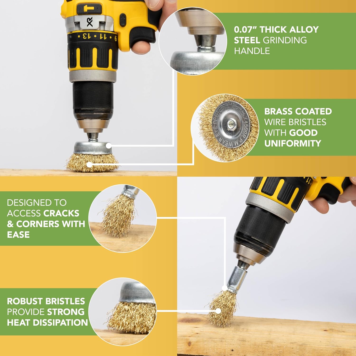 Spazzola metallica per trapano - Set di 9 spazzole per trapano per pulizia, rimozione della ruggine, lucidatura e sverniciatura - 4