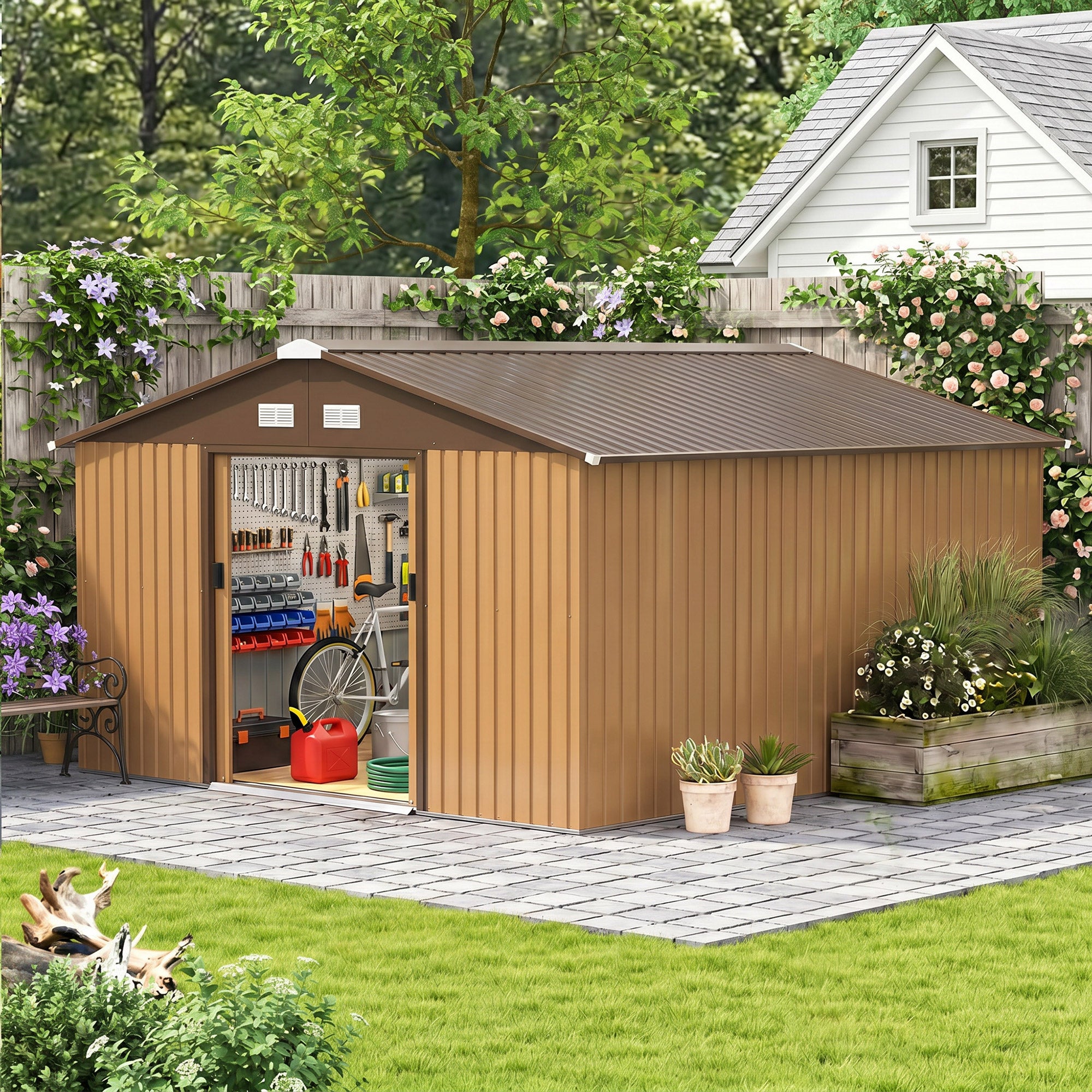 Cobertizo caseta jardín de acero Outsunny 340x386x200 cm ocre oscuro - 4