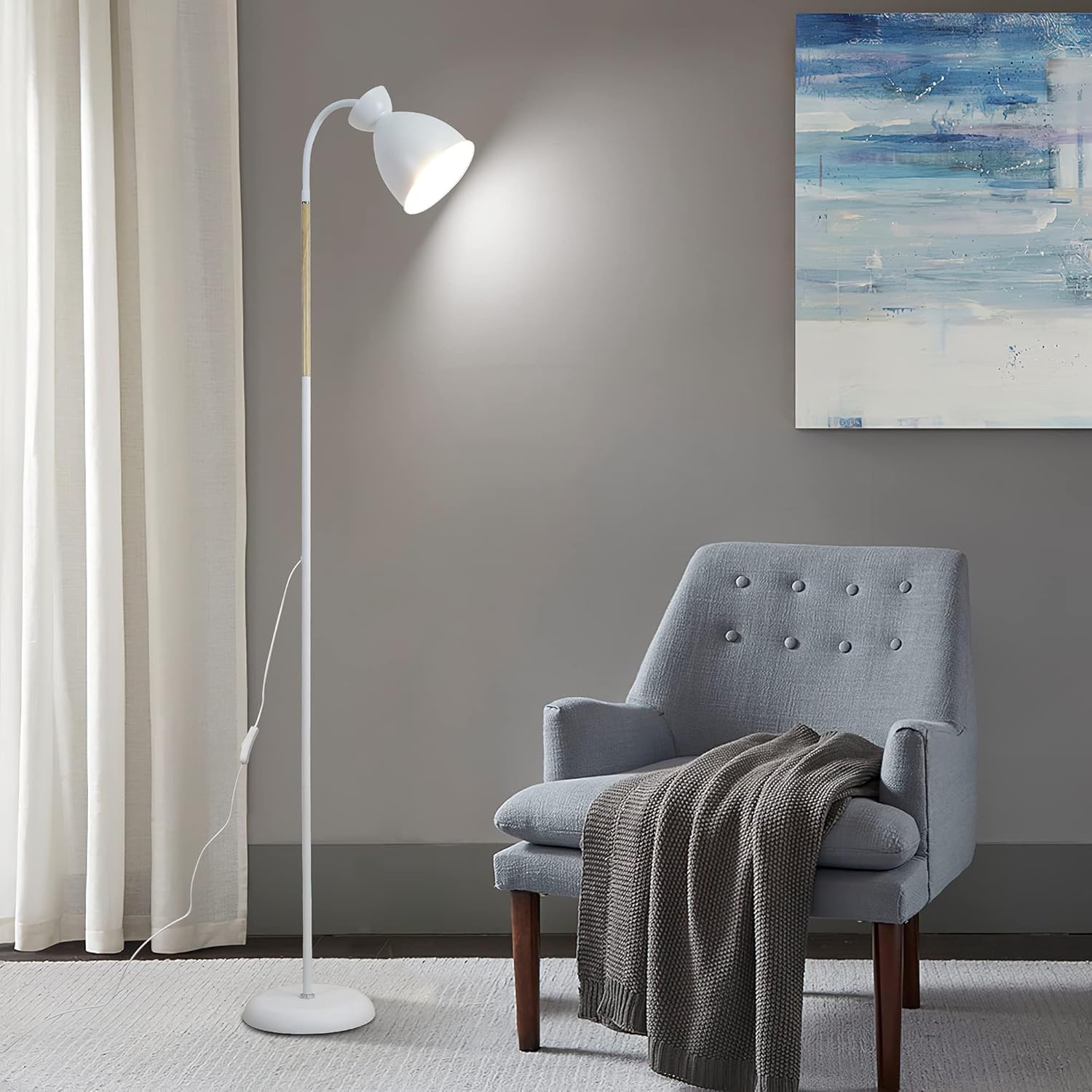 Lampe sur pied blanche, luminaire LED sur pied pivotant à 360° en métal, lampe de lecture avec douille E27, hauteur 159cm, pour salon et chambre - 5