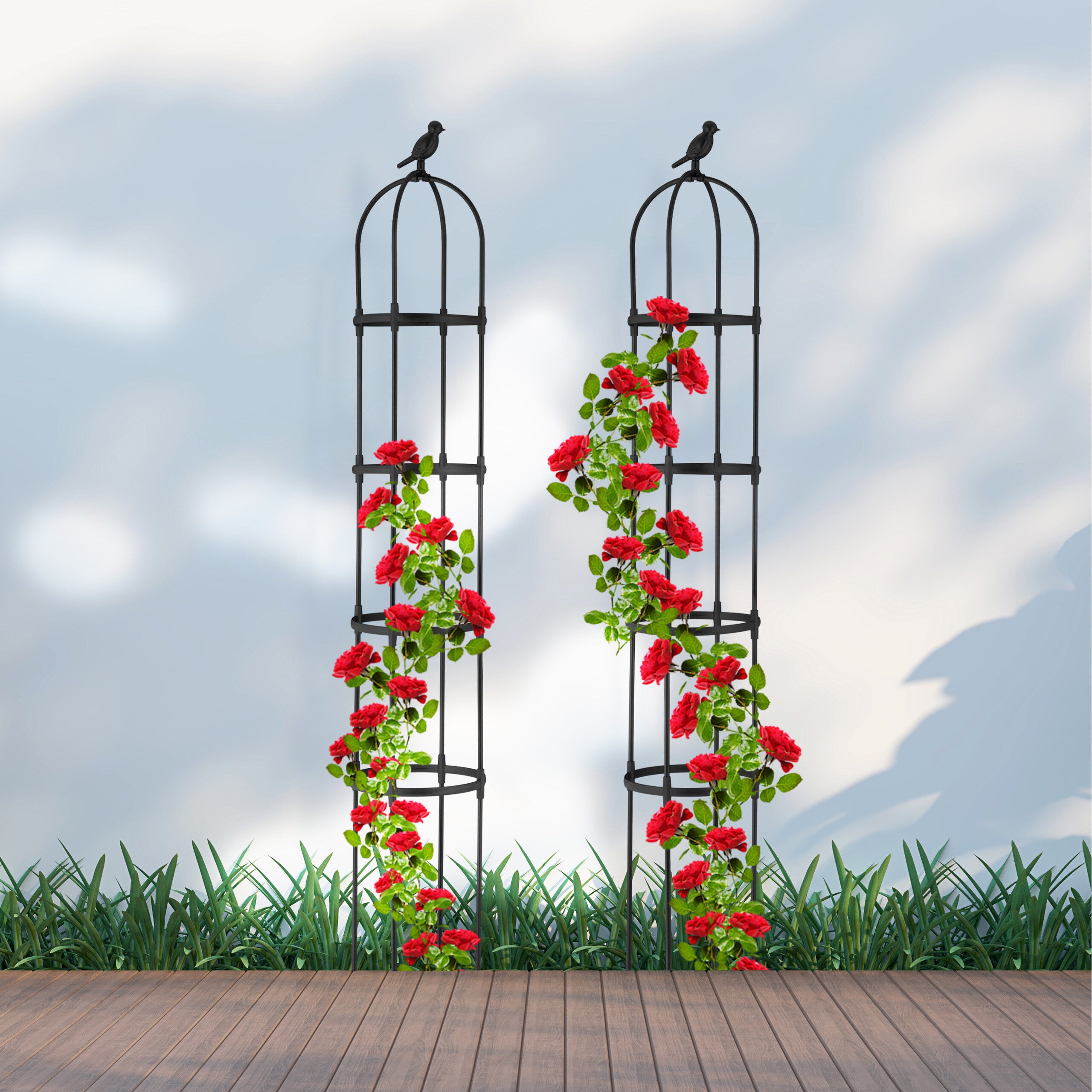 Trellis obélisque, lot de 2, 180 cm de hauteur, plantes grimpantes, en métal, stable, tour pour rosier, noir, Relaxdays - 2