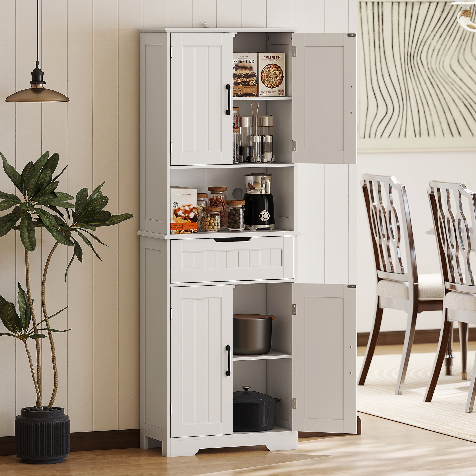 Buffet de cuisine haut, meuble de rangement avec gestion des câbles et support pour micro-ondes, meuble de cuisine à 2 portes, 60 x 30 x 172 cm, blanc - 3