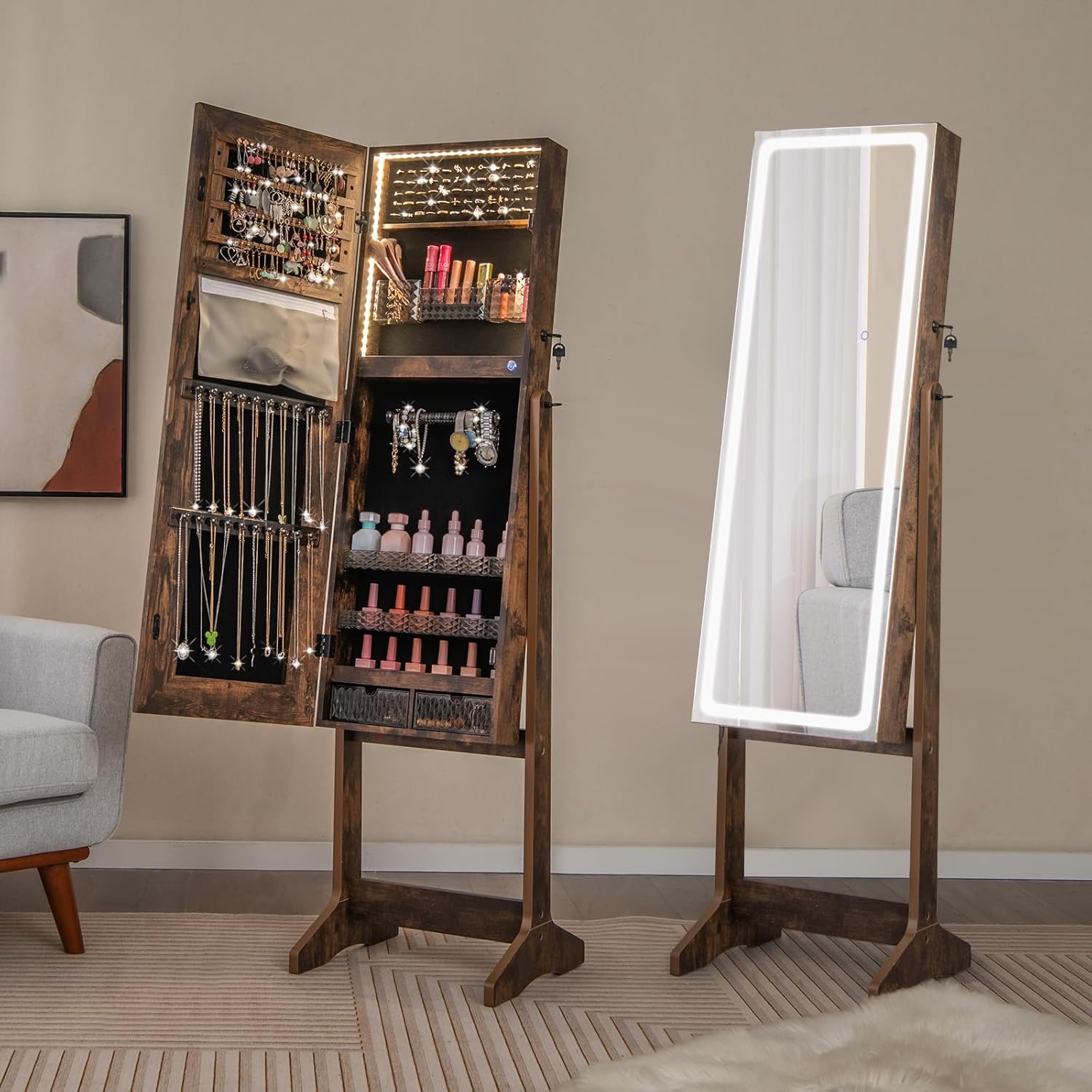 Armoire à Bijoux avec Miroir, Armoire de Rangement sur Pied pour Boucles d'Oreilles, Organisateur de Bijoux Verrouillable avec Lumières(Marron) - 2