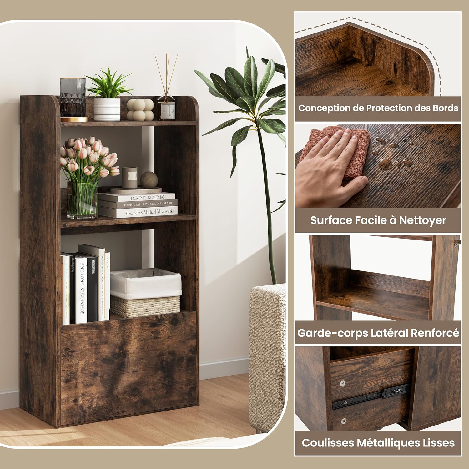 Libreria Aperta a 3 Ripiani, Scaffale Salvaspazio in Legno con Cassetto, Scaffale Portaoggetti Espositivo per Camera da Letto, Soggiorno, Cuci - 8